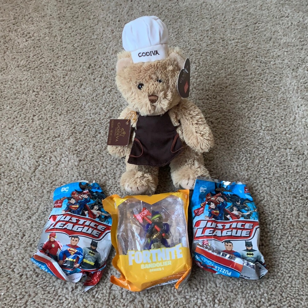 4 Toys - stuffed bear and three mystery toys